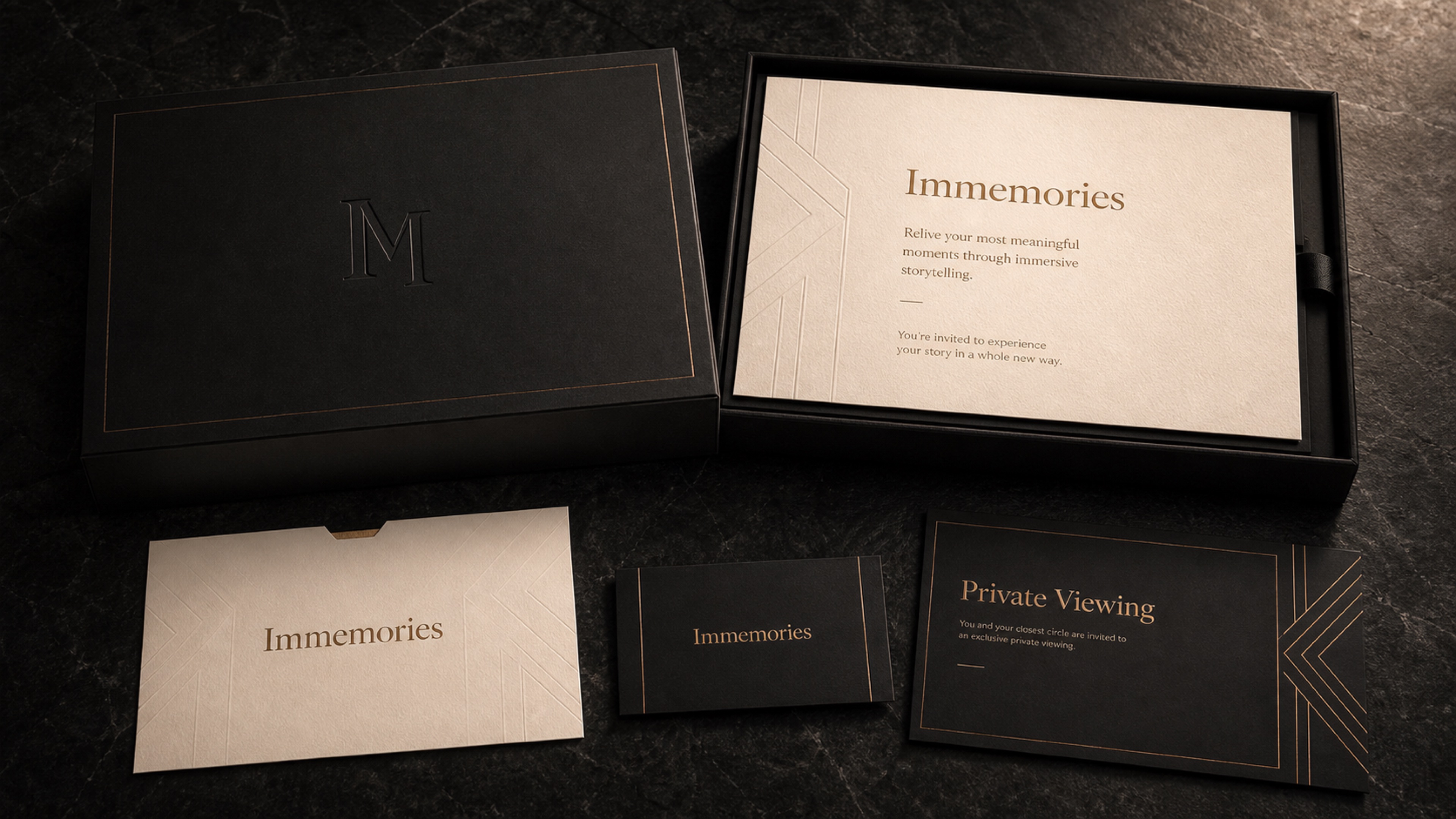 Luxury Immemories brand collateral with presentation box and private viewing invitation